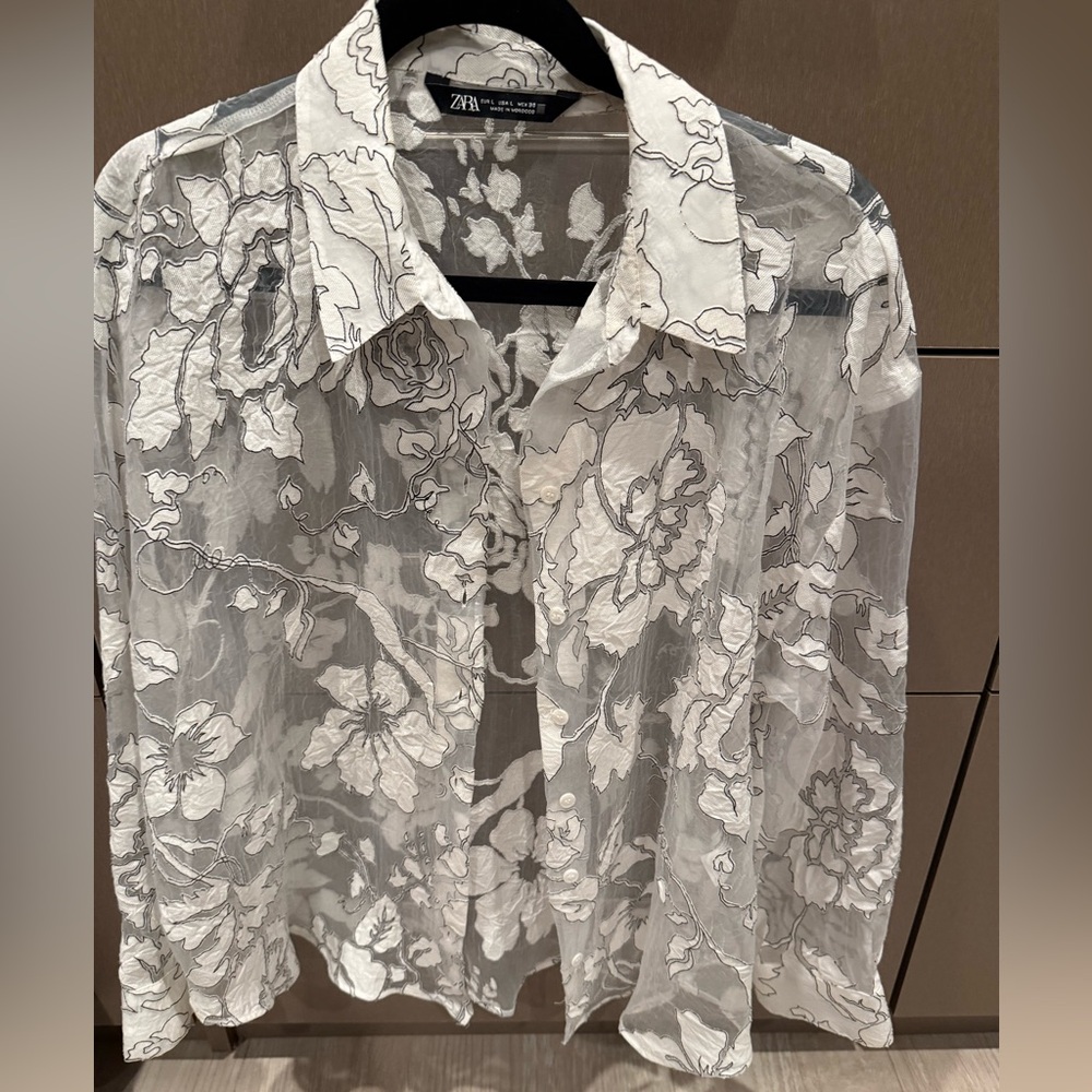 Zara White Floral Sheer Blouse